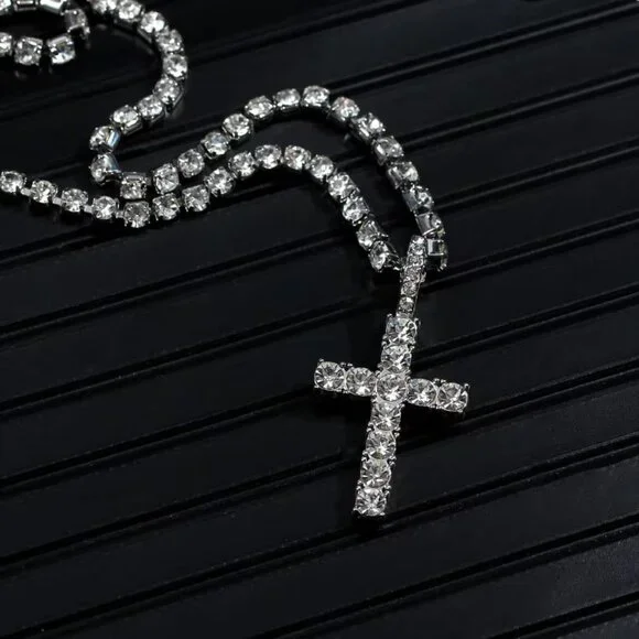 ⭐ Beautiful 2Pc 24" Diamond Necklace & Cross Pendant With 4mm Diamonds 18k ⭐ - Picture 3 of 10